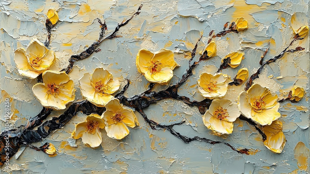 Poster close-up of textured acrylic painting details showing expressionistic tree branches with yellow blos