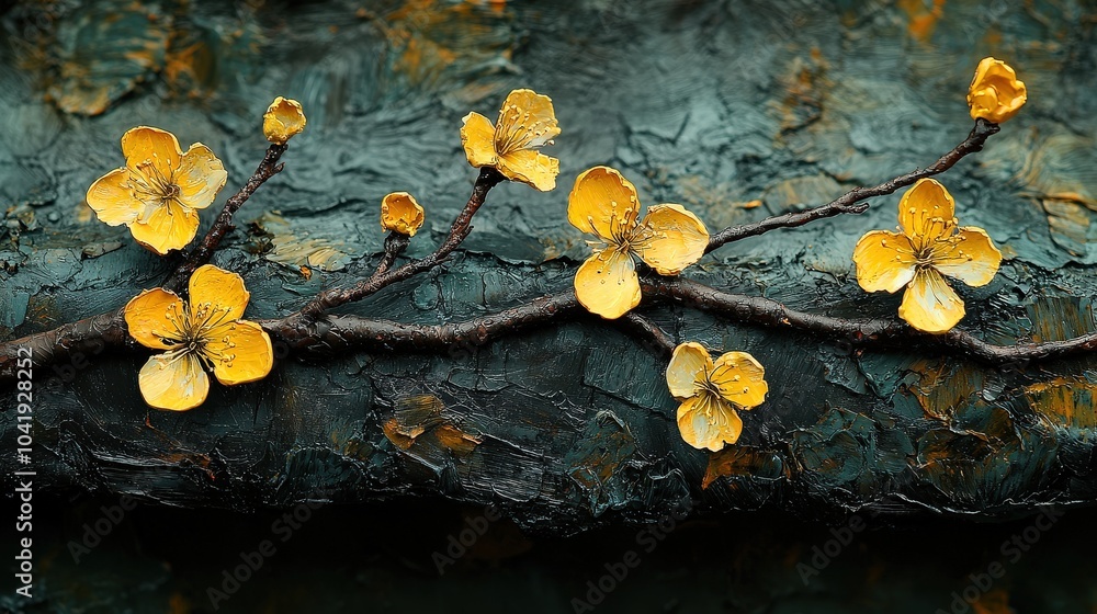 Poster close-up of textured acrylic painting details showing expressionistic tree branches with yellow blos