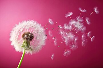 Dandelion spreading leaves in the wind on a pink background panoramic