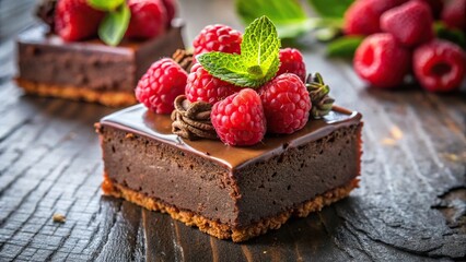 Decadent dessert with fudgy brownies, indulgent chocolate mousse, tangy raspberries