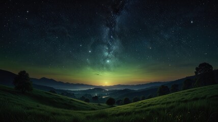 Fototapeta premium A breathtaking night sky stretches across a vast, rolling landscape. A solitary tree stands silhouetted against the starry expanse, its branches reaching towards the heavens