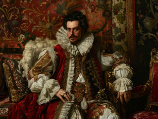 A baroque-style historical costume portrait of a nobleman, surrounded by lavish decorations and rich tapestries, exuding luxury and power