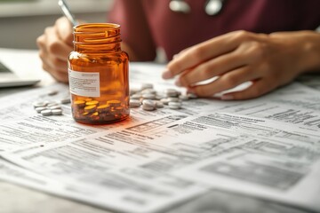 Sorting medication while reviewing health information at a table in a cozy indoor setting