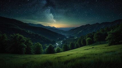 A breathtaking night sky stretches across a vast, rolling landscape. A solitary tree stands silhouetted against the starry expanse, its branches reaching towards the heavens