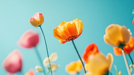 A brightly colored flower stands out against a clear blue sky, offering a dynamic and eye-catching floral composition