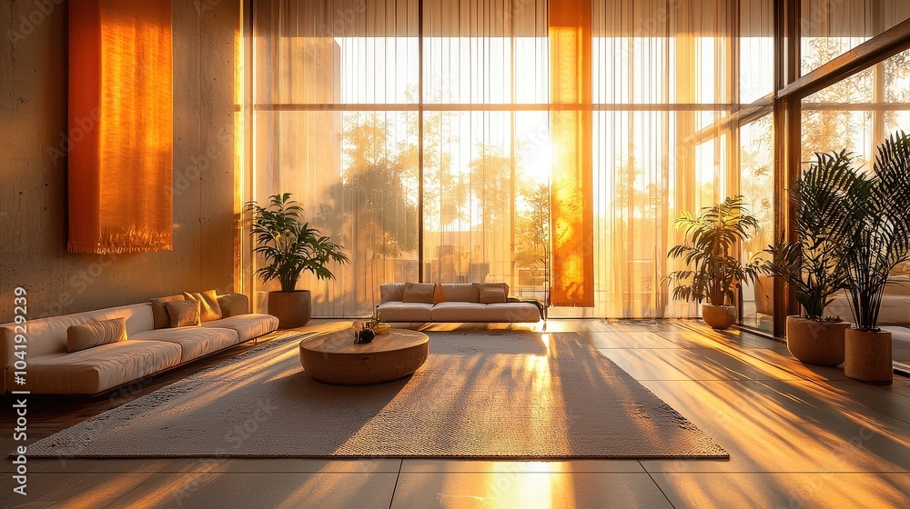 Poster smart curtains in action, automatically adjusting to block out sunlight, enhancing comfort and priva