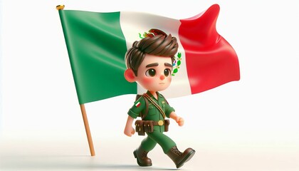 3d render of a boy wearing Mexico Army uniforms. There is an Mexico flag behind it on a white background
