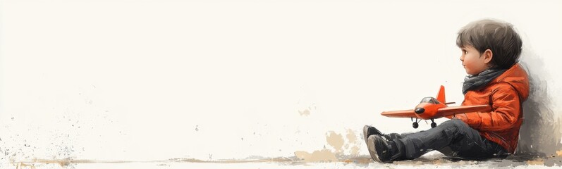 Young boy sitting on the ground with a toy airplane