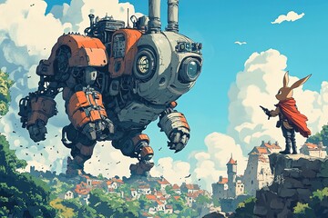 Fototapeta premium Super Squirrel and Ninja Rabbit Rescue Village From Giant Robot Cartoon Illustration