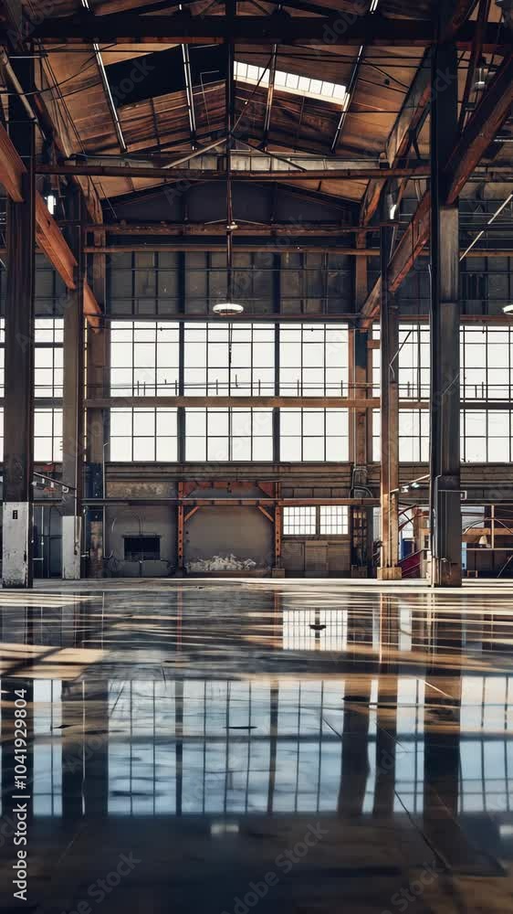 Poster sunlight streaming through windows in an empty warehouse