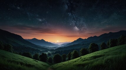 A breathtaking night sky stretches across a vast, rolling landscape. A solitary tree stands silhouetted against the starry expanse, its branches reaching towards the heavens