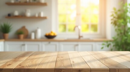 Empty Wooden Table with Bright White Kitchen Interior and Bokeh Golden Sunshine &ndash; Perfect Background for Product Display