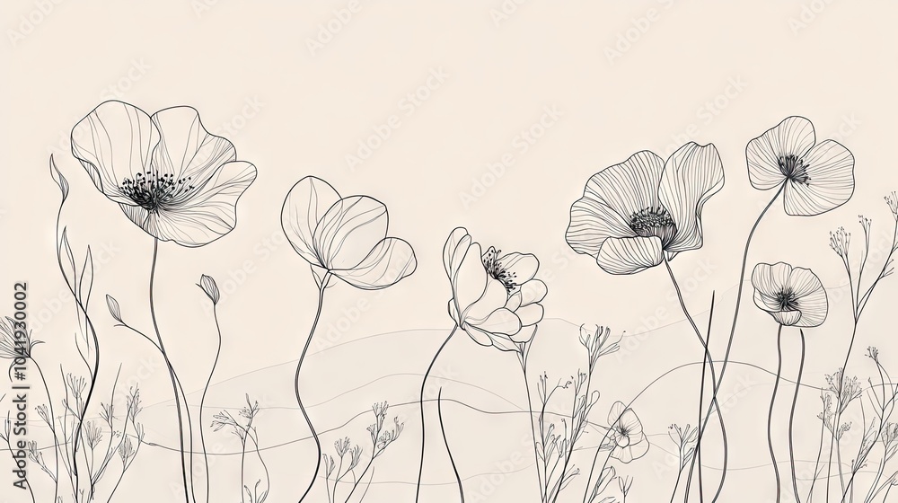 Poster a continuous line drawing of various flowers, minimalistic and elegant, creating a modern and timele