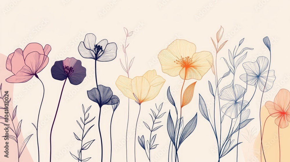 Poster a continuous line drawing of various flowers, minimalistic and elegant, creating a modern and timele