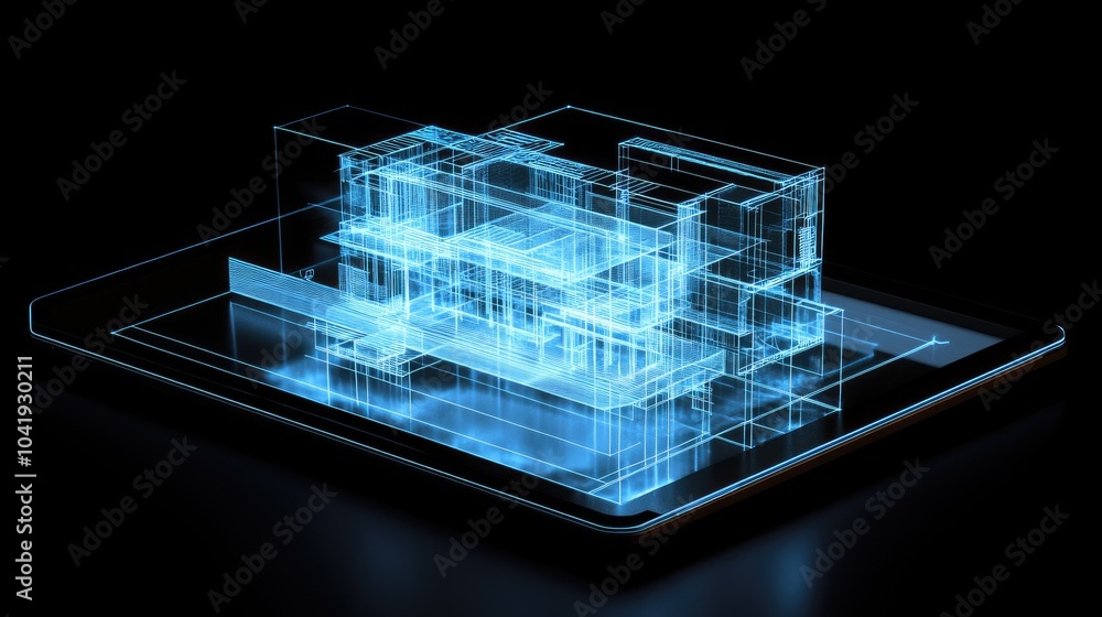 Poster a digital tablet displaying a holographic architectural model, symbolizing innovation and modern des