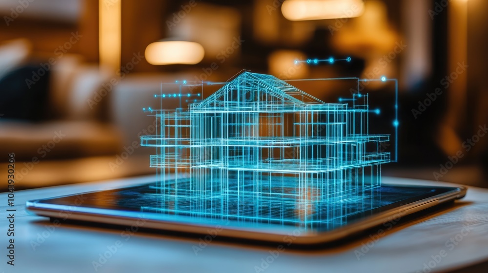 Poster a digital tablet displaying a holographic architectural model, symbolizing innovation and modern des