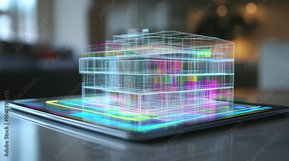 Poster a digital tablet displaying a holographic architectural model, symbolizing innovation and modern des