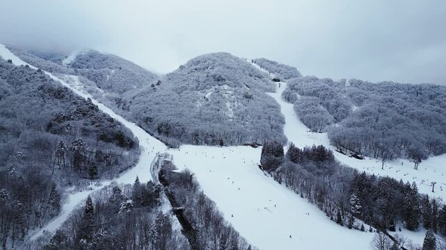 Hakuba, Japan: Aerial drone footage of the slopes of the Hakuba ski resort in the Japanese alps in Nagano prefecture on a cloudy day after a snowfall in winter day. 