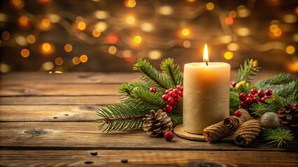 Decorative candle on wooden table in Christmas style and atmosphere