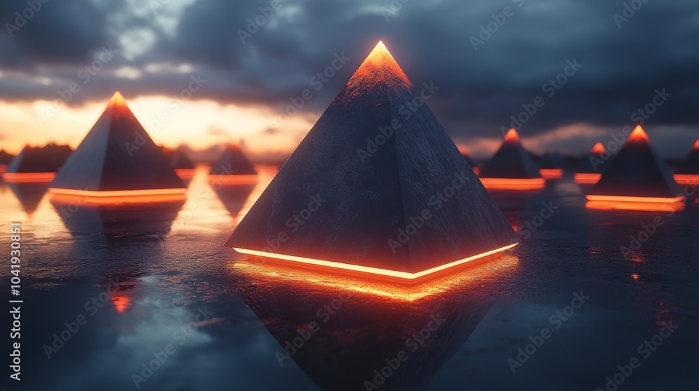 Poster the glowing pyramids rise from the calm water, reflecting the twilight colors above. the intricate l