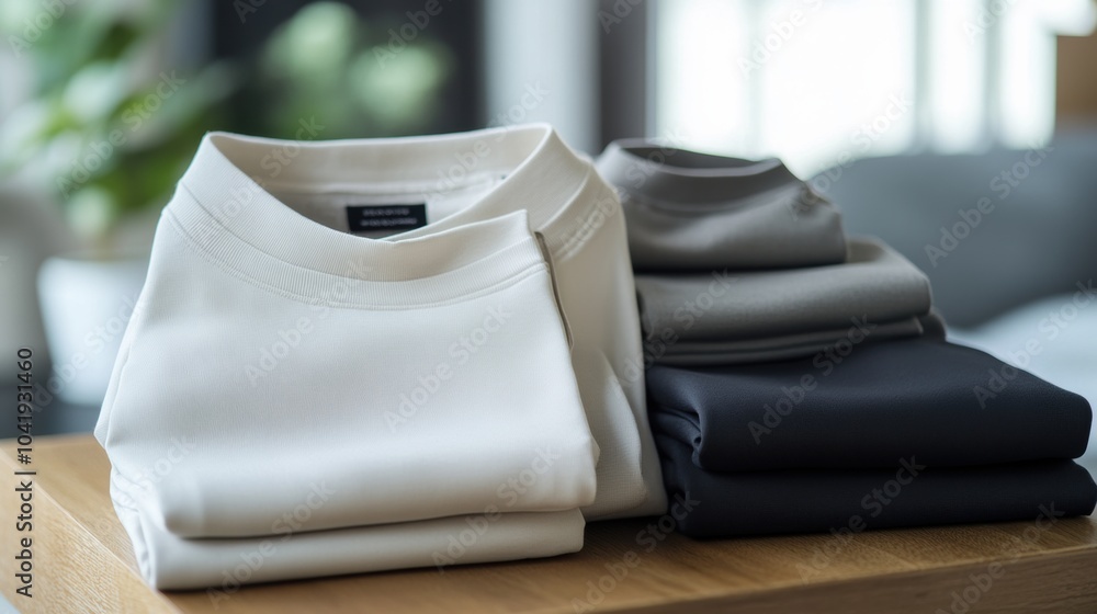 Poster minimalist sportswear in soft hues is neatly arranged on a smooth table, ideal for anyone embracing 