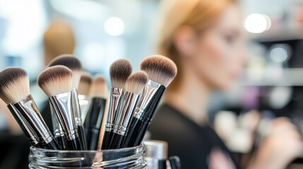Close-up of makeup brushes with a focused model applying makeup in the background.