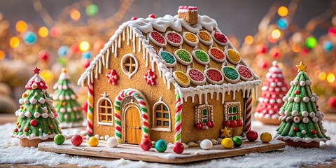 Obraz premium decorative gingerbread house with intricate icing and candy details