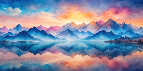 Reflected abstract landscape watercolor painting of blue and grey mountains under a soft pink and orange sky