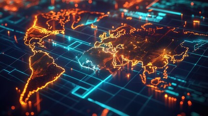 Obraz premium A glowing polygonal map with sharp, geometric lines, illustrating technology and innovation in a modern business setting.