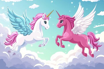 Cartoon Unicorn and Pegasus Racing Through the Clouds