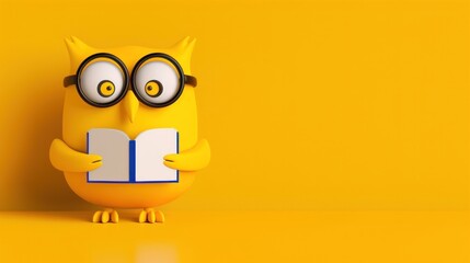 Whimsical 3d rendered owl with glasses reading book | educational and fun design for print and digital use.