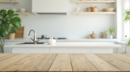 Empty Wooden Table with Bright White Kitchen Interior and Bokeh Golden Sunshine &ndash; Perfect Background for Product Display