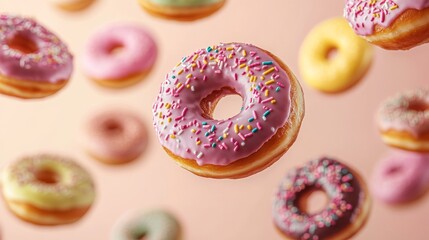 Colorful Frosted Donuts Flying Through the Air