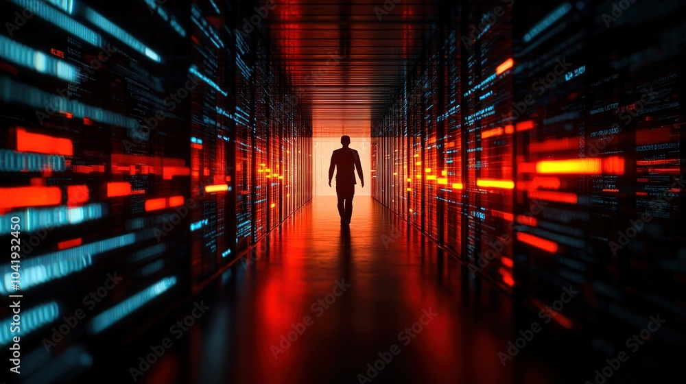 Poster a mysterious figure walks through a high-tech corridor of light and shadows in a data center