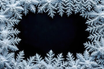 Decorative ice crystals frame on black matte background silhouette