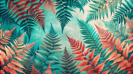 Lush Island Ferns Pattern in Turquoise and Coral for Fashion Textiles and Beach House Decor