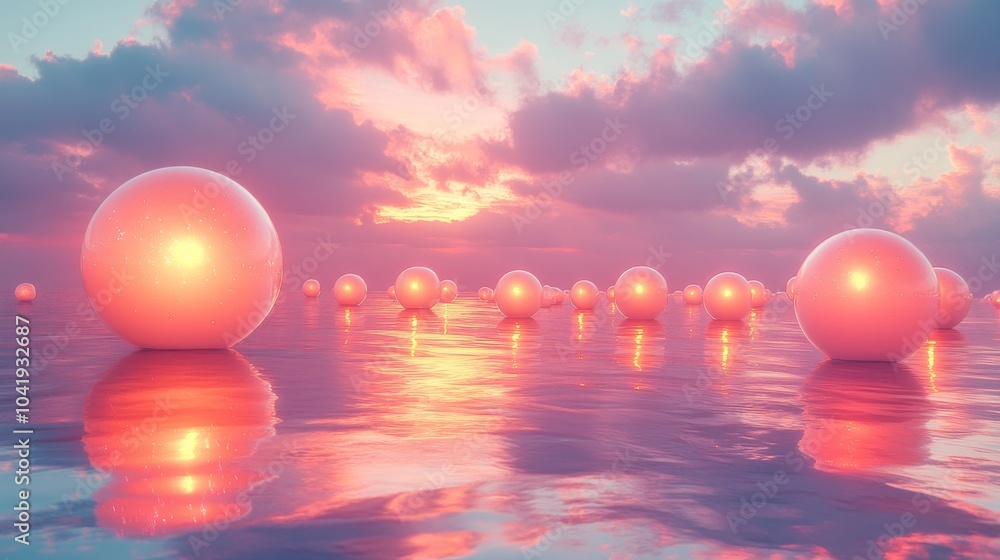 Poster a stunning sunset bathes the ocean in warm hues while glowing spheres gently float on the water, cre