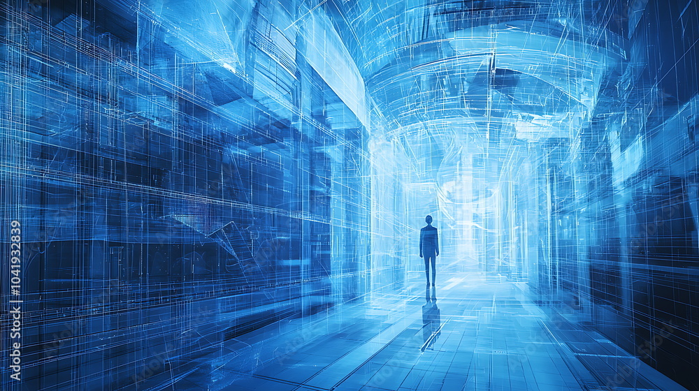 Poster exploring a futuristic corridor a silhouette in a blue digital environment symbolizing endless possi