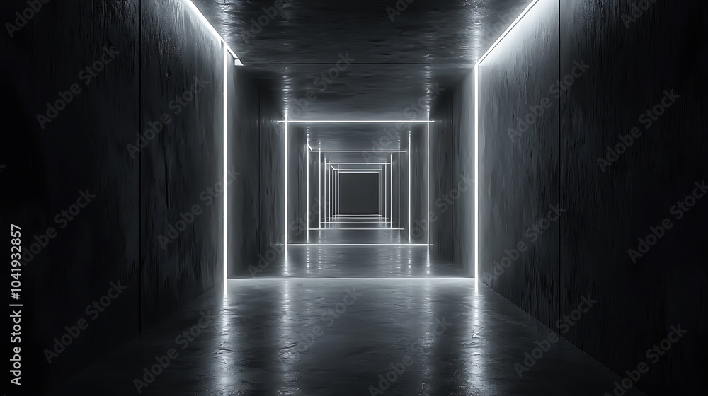 Poster futuristic corridor illuminated by neon lights with dark textured walls creating an otherworldly atm