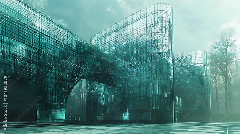Aufkleber Exploring futuristic glass architecture in a tranquil environment a vision of serenity and innovation