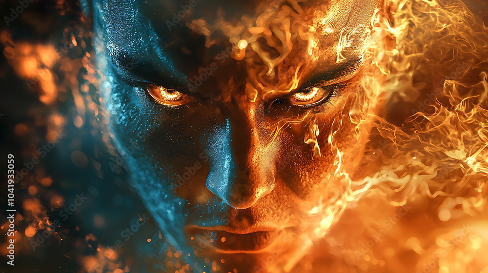 Poster a stunning intense emotional portrait blending fire and ice effects showcasing the duality of human 