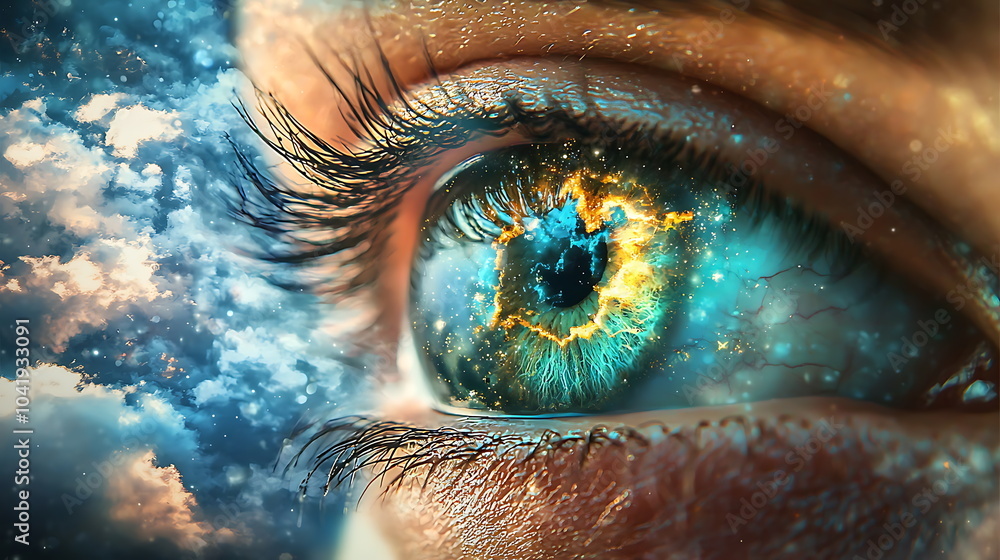 Poster Intricate eye reflecting cosmic elements and vibrant colors a visual exploration of the universe within us