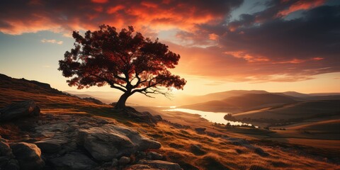Lone tree on a hilltop at sunset.