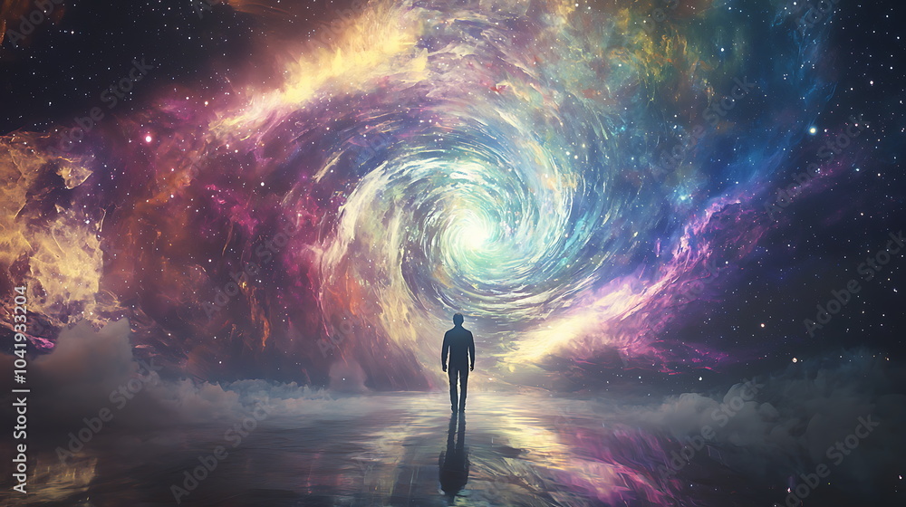 Poster a journey through the cosmic spiral a person standing at the threshold of infinite possibilities in 