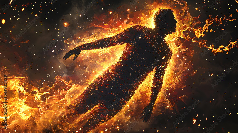 Poster ethereal silhouette of a person engulfed in flames illuminated against a dark background evoking a s