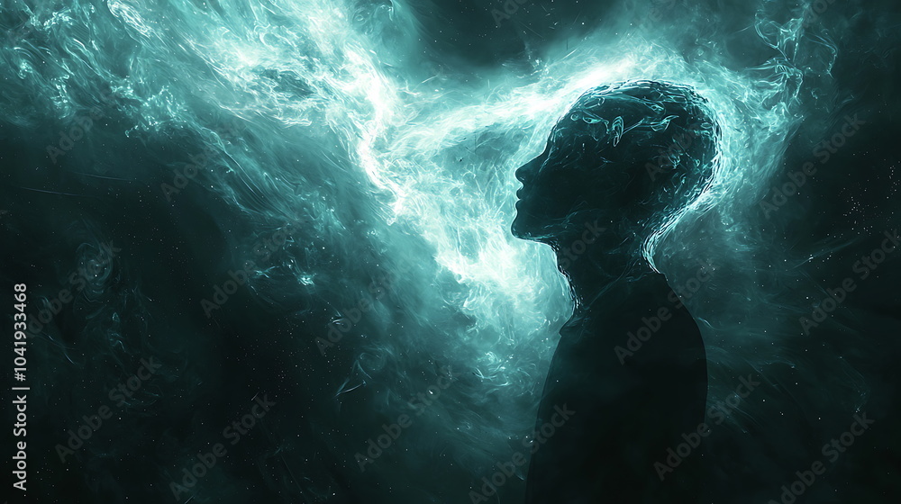Poster ethereal silhouette of a person with a luminous glow encapsulating inner thoughts and spiritual esse