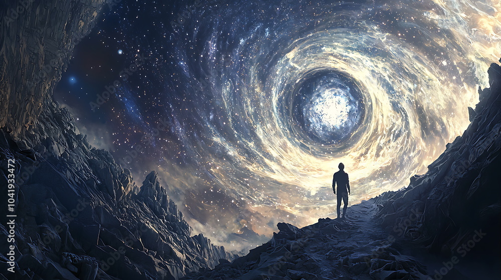 Poster a mystical journey the silhouette of a person standing beneath a cosmic vortex of infinite possibili