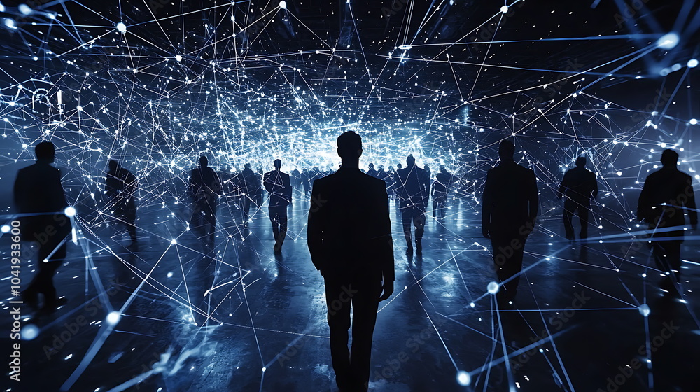 Aufkleber Exploring human connections silhouettes against a web of glowing networks and digital interactions in a modern world