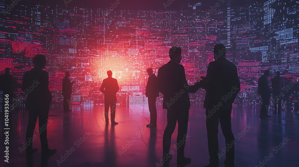 Poster silhouettes of people engaged in discussion amidst a dynamic digital data environment highlighting m