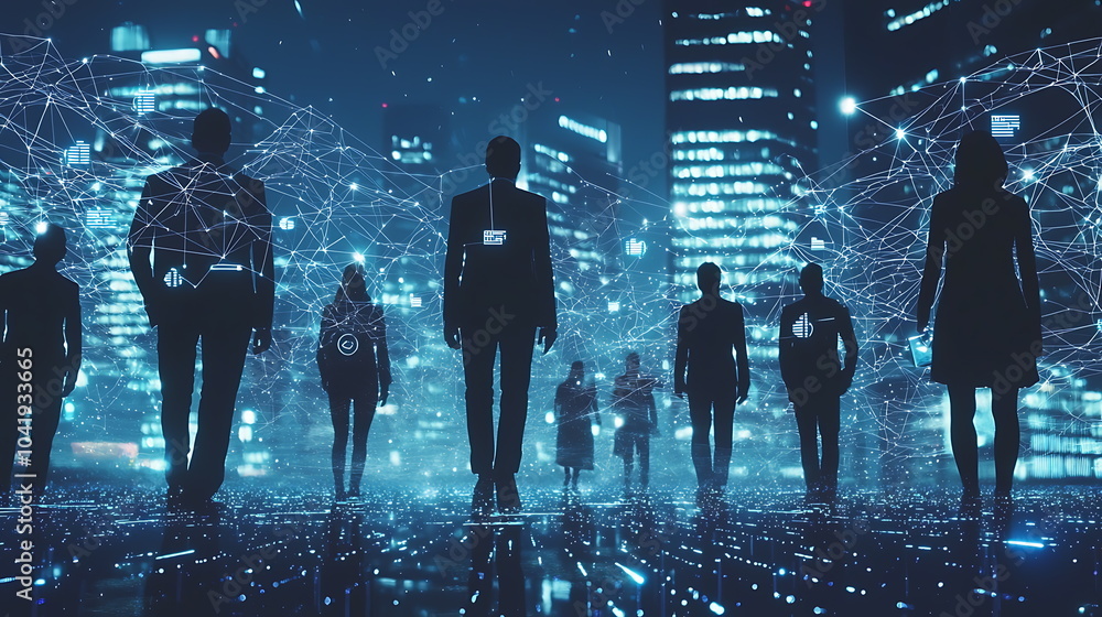 Poster silhouettes of professionals amidst a digital cityscape navigating the future of work in a tech-driv